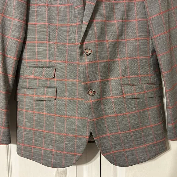 Mens PAISLEY & GRAY Sz 42L Gray & Peach Plaid Slim Fit Suit Jacket Sport Coat - Picture 4 of 13